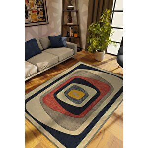 Göz, Soft Renkli Halı, Modern Tasarım Halı, Krem, Lacivert, Bej Dokuma Tabanlı Salon Halısı 80x120 cm