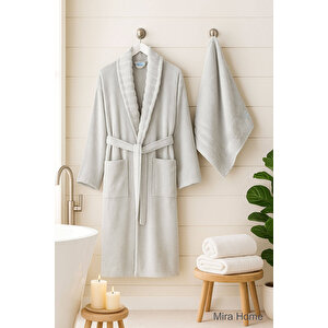 4 Parça Soft Elegance Banyo Aile Bornoz Seti %100 Pamuklu Açık Gri-l-xl