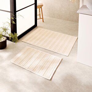 Ocean Home Textile 2'li Yıkanabilir Pamuklu Ekru Renk Çizgi Desen Banyo Paspası 40 X 60 / 60 X 90 Cm