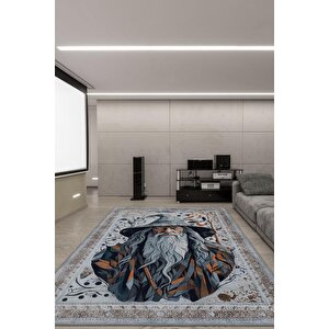 Gandalf Figürlü Geleneksel Desenli Mavi Turuncu Gri Renkli Yüzüklerin Efendisi Halısı 120x180 cm