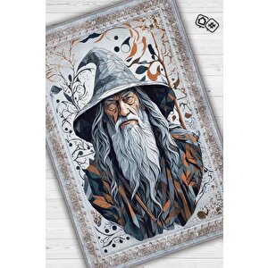 Gandalf Figürlü Geleneksel Desenli Mavi Turuncu Gri Renkli Yüzüklerin Efendisi Halısı 120x180 cm