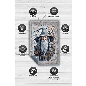 Homshtag Gandalf Figürlü Geleneksel Desenli Mavi Turuncu Gri Renkli Yüzüklerin Efendisi Halısı