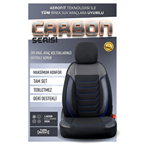 Chevrolet Kalos Lüx Deri Detaylı Oto Koltuk Kılıfı Ön Arka Takım Carbon Serisi Si̇yah Mavi̇ Siyah-Mavi