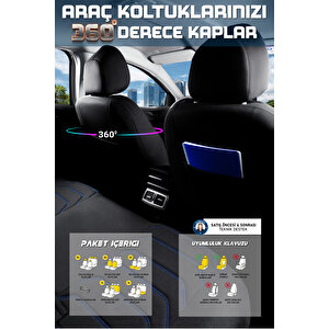 Chevrolet Kalos Lüx Deri Detaylı Oto Koltuk Kılıfı Ön Arka Takım Carbon Serisi Si̇yah Mavi̇