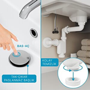 Smart Pop-up  Sifon , Taşma Delikli  Krom +comfort Yer Kazandıran Lavabo  Sifonu -2 Parça Set