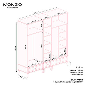Monzio Silva 5 Kapaklı Çekmeceli Gardırop Tamamı Mdf