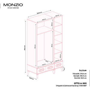 Monzio Otto 3 Kapaklı Çekmeceli Gardırop Tamamı Mdf (beyaz)