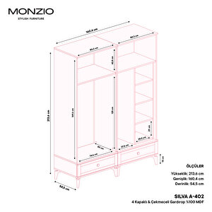 Monzio Silva 4 Kapaklı Çekmeceli Gardırop Tamamı Mdf