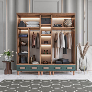 Monzio Otto 5 Kapaklı Çekmeceli Gardırop Tamamı Mdf (yeşil) Yeşil