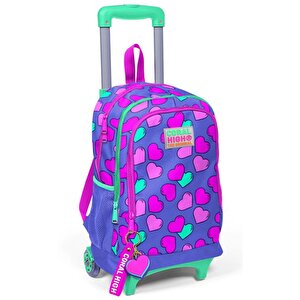 Kids Lavanta Pembe Kalp Desenli Üç Bölmeli Çekçekli Okul Sırt Çantası 23359