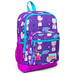 Kids Mor Pembe Kedi Desenli Dört Bölmeli Usbli Okul Sırt Çantası 23264