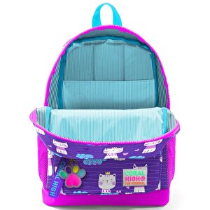 Kids Mor Pembe Kedi Desenli Dört Bölmeli Usbli Okul Sırt Çantası 23264