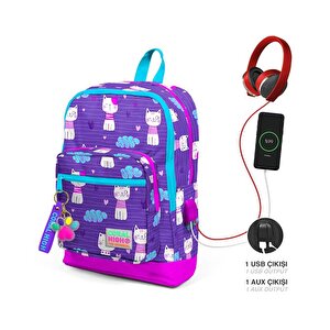 Coral High Kids Mor Pembe Kedi Desenli Dört Bölmeli Usbli Okul Sırt Çantası 23264