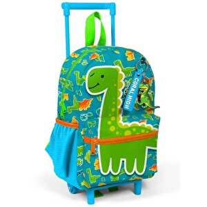 Kids Minik Yuva Çekçekli Sırt Çantası Mavi Yeşil Dinozor Desenli İki Bölmeli 24070