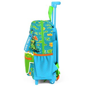 Kids Minik Yuva Çekçekli Sırt Çantası Mavi Yeşil Dinozor Desenli İki Bölmeli 24070