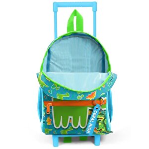 Kids Minik Yuva Çekçekli Sırt Çantası Mavi Yeşil Dinozor Desenli İki Bölmeli 24070
