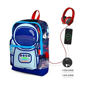 Coral High Kids Saks Mavi Astronot Desenli Dört Bölmeli Usb'li Okul Sırt Çantası 23824