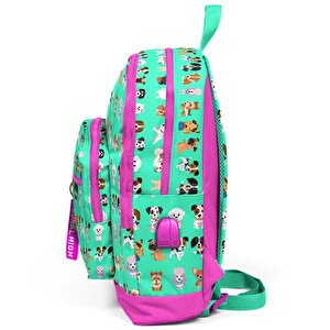 Kids Su Yeşili Neon Pembe Köpek Desenli Dört Bölmeli Usbli Okul Sırt Çantası 23266