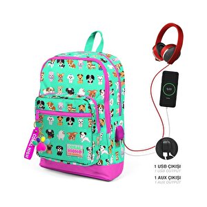 Coral High Kids Su Yeşili Neon Pembe Köpek Desenli Dört Bölmeli Usbli Okul Sırt Çantası 23266