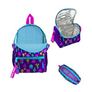 Kids Mor Pembe Kaktüs Desenli Desenli 3lü Okul Çanta Seti