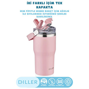 Diller 620ml Yeni Koleksiyon Tumbler Pipetli/pipetsiz Kullanım Kulplu Paslanmaz Çelik Termos