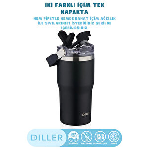 Diller 620ml Yeni Koleksiyon Tumbler Pipetli/pipetsiz Kullanım Kulplu Paslanmaz Çelik Termos