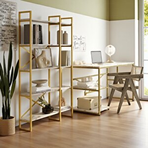 Gold Çalışma Masası Ve Gold Kitaplık Metal Ayaklı 2'li Set