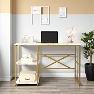 Gold Metal Çalışma Masası Raflı 120cm Mermer Desen