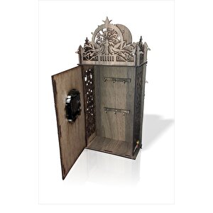 İşlemeli Gift Ev Ofis İşyeri Kapı Yanı Duvara Montajlı Kapaklı Saatli Anahtarlık Dolap Dolabı Kutusu