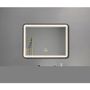 Akıllı Ayna Buhar Tutmayan Hareket Sensörlü 3 Renk Ledli Siyah Çerçeveli Banyo Aynası 80x60