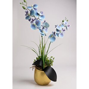 Yapay Çiçek Mavi Islak Orkide Gold Metal Saksıda Saksıda Orkide 50cm