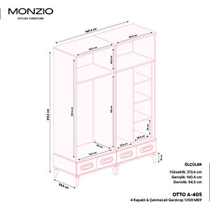 Monzio Otto 4 Kapaklı Çekmeceli Gardırop Tamamı Mdf (antrasit)