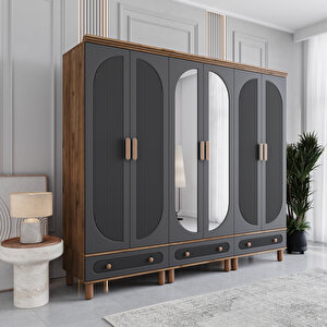 Milen 6 Kapaklı Çekmeceli Gardırop Tamamı Mdf (Antrasit) Antrasit
