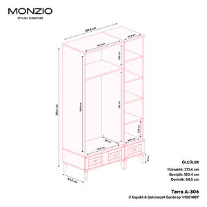 Monzio Terra 3 Kapaklı Çekmeceli Gardırop Tamamı Mdf (aytaşı)