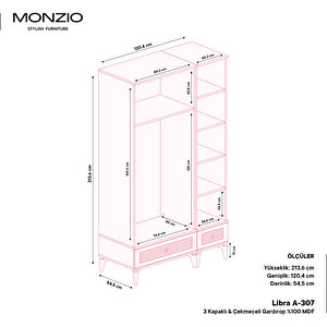 Monzio Libra 3 Kapaklı Çekmeceli Gardırop Tamamı Mdf (antrasit)