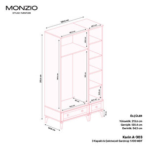Monzio Karin 3 Kapaklı Çekmeceli Gardırop Tamamı Mdf