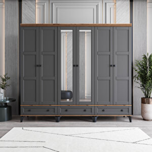 Karin 6 Kapaklı Çekmeceli Gardırop Tamamı Mdf (Antrasit) Antrasit