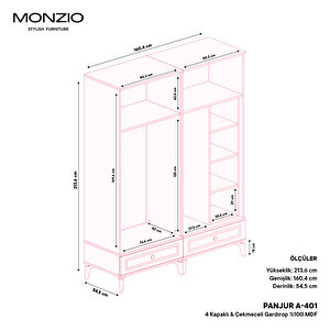 Monzio Panjur 4 Kapaklı Çekmeceli Gardırop Tamamı Mdf (antrasit)