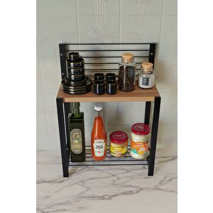 Metal Ahşap 2 Katlı Mutfak Düzenleyici Raf – Baharatlık, Yağlık, Tabak Ve Kavanoz Organizer – Tezgah Üstü Düzenleyici 35x15x48 Cm
