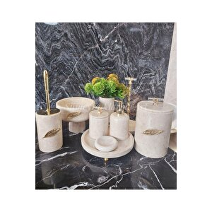 Sumeria - Doğal Bej Mermer Banyo Seti | 9 Parça | Gold | Mermer Kase | Cam Kulplu |
