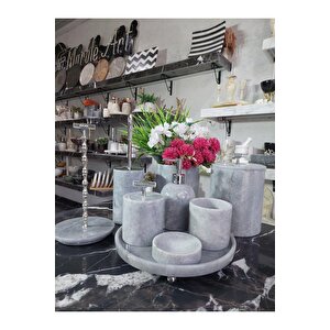 Space Grey - Doğal Gri Mermer Banyo Seti | 9lu | Mermer Vazo | Mermer Havluluk | Silver |