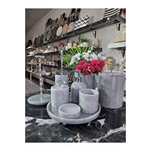 Space Grey - Doğal Gri Mermer Banyo Seti | 9lu | Mermer Vazo | Mermer Havluluk | Silver |