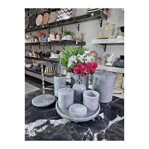Space Grey - Doğal Gri Mermer Banyo Seti | 9lu | Mermer Vazo | Mermer Havluluk | Silver |
