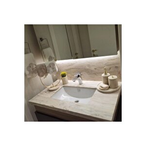Bej Mermer Banyo Seti 4lü Ve Bej Mermer Gold Detaylı Havluluk