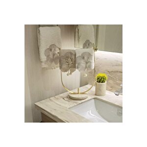 Bej Mermer Banyo Seti 4lü Ve Bej Mermer Gold Detaylı Havluluk