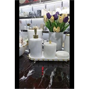Brillant White - Doğal Beyaz Mermer Banyo Seti | Gold | 8li |