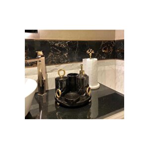 Sapphire Black - Doğal Siyah Mermer Banyo Seti | 5li | Boncuk Ayaklı | Gold Halkalı |