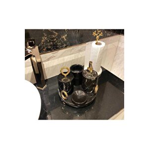 Sapphire Black - Doğal Siyah Mermer Banyo Seti | 5li | Boncuk Ayaklı | Gold Halkalı |