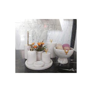Marbolli - Doğal Beyaz Mermer Banyo Seti̇ | 8 Parça |gold| Mermer Kase