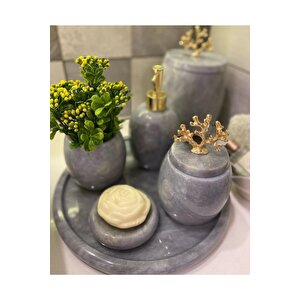 Dekoratif Gri Mermer Banyo Seti Takımı Gold Detaylı 7 Li Tasarım Set